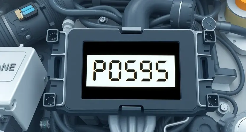 A detailed illustration of a car's engine control unit (ECU) with highlighted diagnostic trouble code P0595. The ECU should be rendered with realistic detail, showing various components and connectors. The P0595 code should be clearly displayed on a digital readout within the ECU's interface. The background should be a clean, technical environment, possibly a workshop or garage.