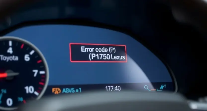 A close-up shot of a Toyota or Lexus vehicle's dashboard displaying a diagnostic screen with the error code P1750 highlighted. The background should be slightly blurred, focusing attention on the dashboard and the error code. The car should be clean and modern looking.