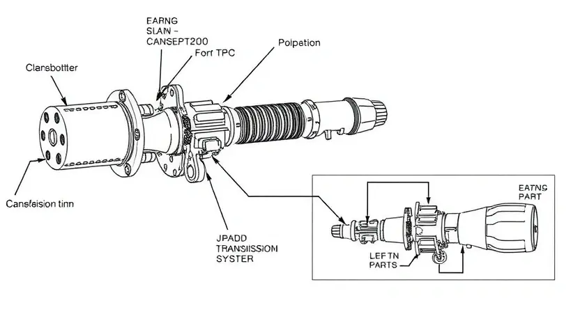A detailed illustration of a transmission range sensor, highlighting its components and connections. The sensor should be depicted in a technical drawing style, with clear labels for each part. Include a diagram showing how the sensor interacts with the transmission system.