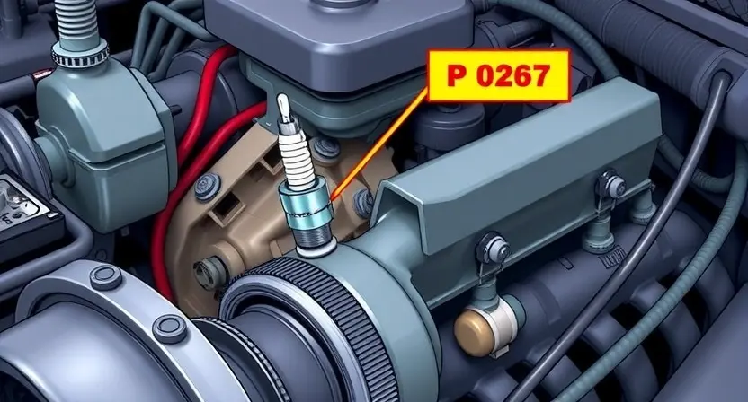 A detailed illustration of an engine with a highlighted spark plug and wiring, showing the P0267 error code indicator. The engine should be realistically rendered with visible components.