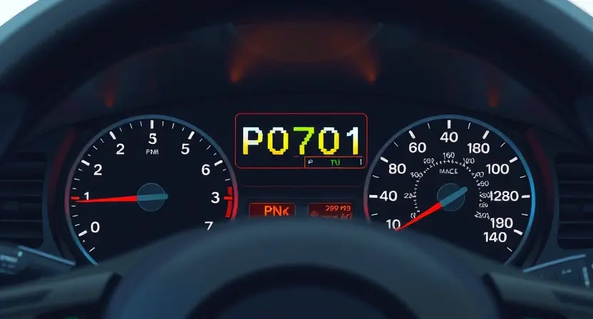 A detailed illustration of a car's dashboard showing a P0701 diagnostic trouble code illuminated. The dashboard should be realistically rendered with visible gauges and instruments. Focus on the code display and its surrounding elements.