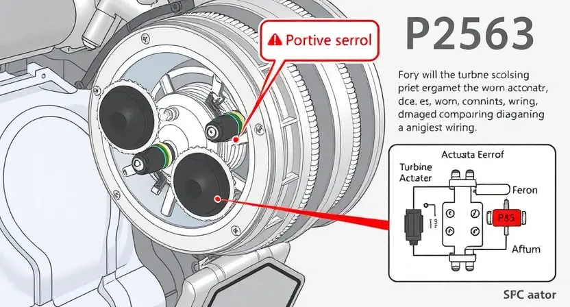 A detailed illustration of a turbine actuator with a visual representation of the P2563 error. Show a close-up of the actuator, highlighting potential points of failure (e.g., worn components, damaged wiring). Include a schematic diagram illustrating the actuator's function and how the error manifests.