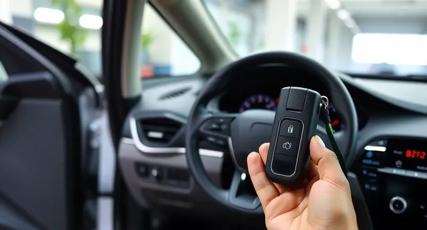 A modern car interior with a focus on the keyless entry system, showing a key fob near the door handle, dashboard warning light indicating B2112 error, and a mechanic's hand holding a diagnostic tool connected to the OBD-II port, all in a clean, well-lit garage environment with soft natural lighting