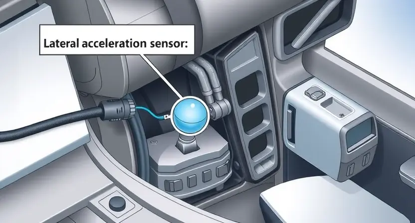 A detailed illustration of a car's internal system, specifically highlighting the lateral acceleration sensor. The sensor should be clearly visible, connected to wiring, and positioned within the vehicle's chassis. Focus on the sensor's physical components and its connection points. The surrounding components should be realistically rendered to provide context.