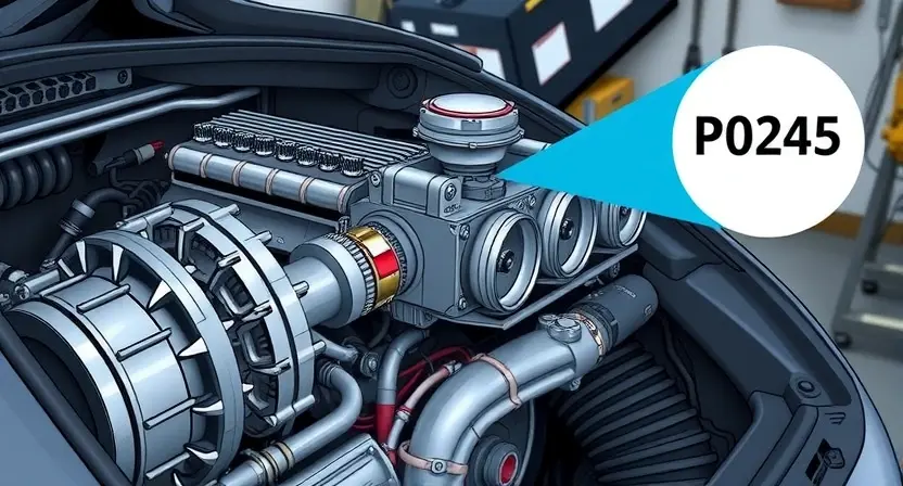 A detailed illustration of a car engine with a focus on the P0245 error code indicator. The engine should be realistically rendered, showing various components like the crankshaft, camshaft, and sensors. The P0245 indicator light should be clearly visible on the dashboard, with a red light illuminated. The background should be a workshop setting with tools and equipment.