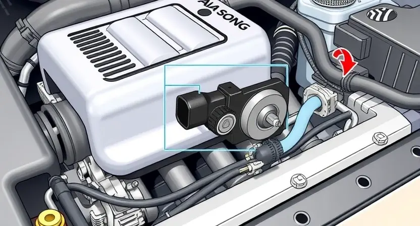 A detailed illustration of an automotive engine bay with a focus on the mass airflow sensor (MAF sensor). The sensor should be clearly visible, surrounded by other engine components like the intake manifold, throttle body, and wiring. The background should be slightly blurred to emphasize the sensor.