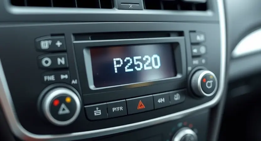 A close-up, detailed image of an automotive air conditioning system's control panel, highlighting the error code "P2520" displayed on a digital screen. Focus on the display and surrounding buttons/indicators. The background should be slightly blurred, suggesting a car interior.