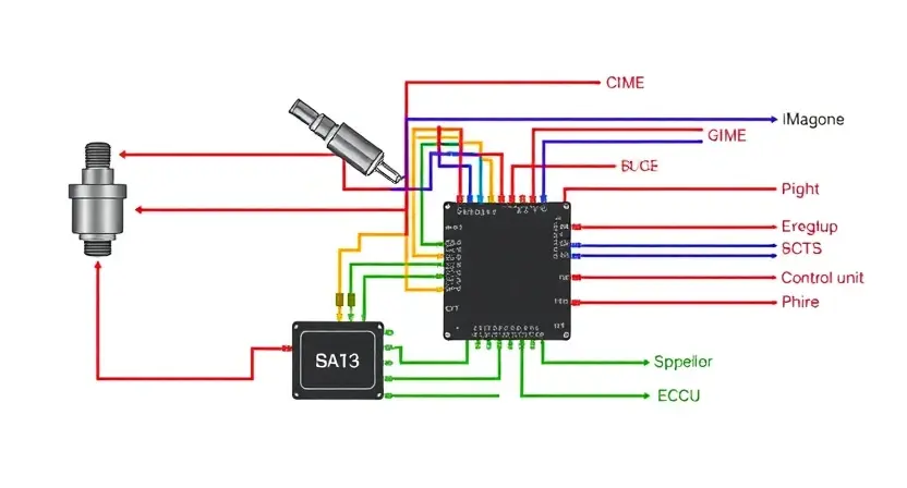 A detailed diagram illustrating the oxygen sensor control system in a vehicle. The diagram should clearly show the oxygen sensor, the control unit (ECU), and the relevant wiring connections. Use color-coding to differentiate components. Focus on the system's architecture and the flow of signals.
