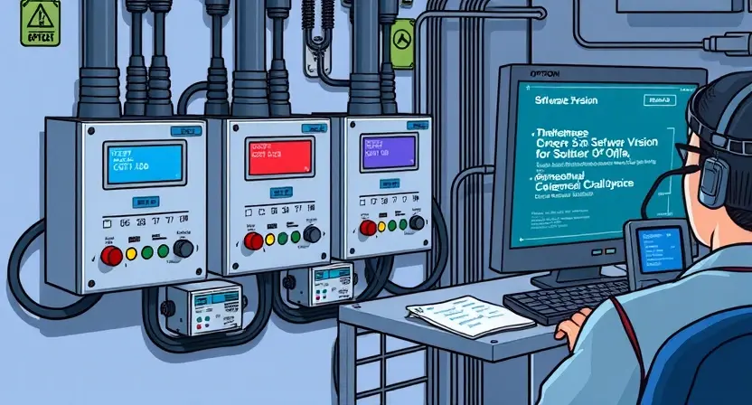 A detailed technical illustration showing a system with multiple control units connected via cables or wireless signals. One of the control units should have a visible error code displayed on its screen or indicator lights. The image should depict a person or a technician using a computer or a diagnostic tool to check and update the software versions of the control units. The scene should include elements like a control panel, a computer screen displaying software version information, and possib