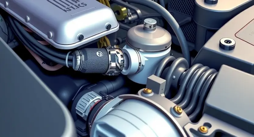 A close-up, detailed illustration of a car's engine bay with a focus on the oxygen sensor and related wiring. The sensor should be clearly visible, and the surrounding components should be realistically rendered. The overall lighting should be bright and clean, highlighting the technical details.