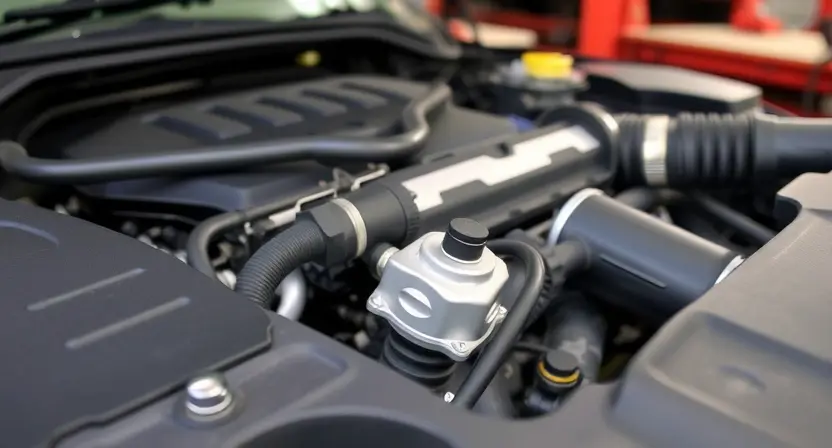 A close-up, detailed image of a car's engine bay. Focus on the oxygen sensor and related wiring. The engine should appear clean and well-maintained. The background should be slightly blurred, suggesting a garage setting.