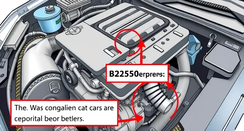 A detailed illustration of a car engine with a highlighted component that is causing the B2250 error. The engine should be depicted in a cross-sectional view to show the internal parts. The highlighted component should be clearly marked with a visual indicator, such as a red circle or arrow, to draw attention to it. The surrounding parts of the engine should be shown in a realistic and detailed manner, with a focus on the mechanical aspects.