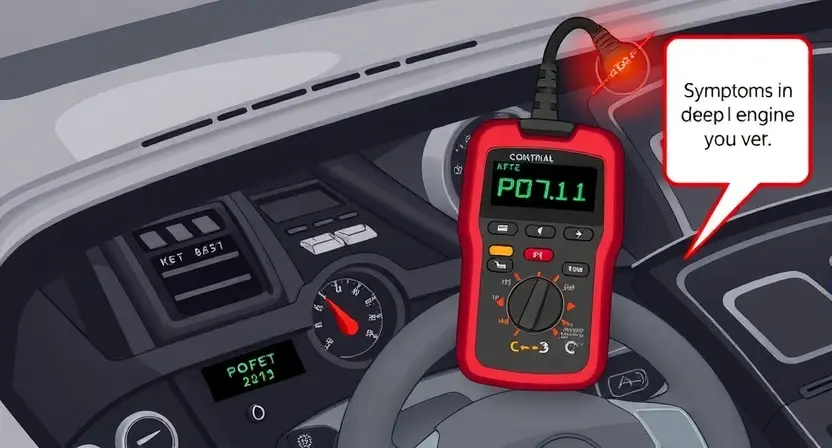 A detailed illustration of a car's engine control unit (ECU) with various diagnostic tools connected. Focus on the ECU's display showing error codes, and a multimeter or scan tool highlighting the P0711 error. Include visual cues representing the symptoms of a P0711 error, such as a check engine light illuminated on the dashboard.