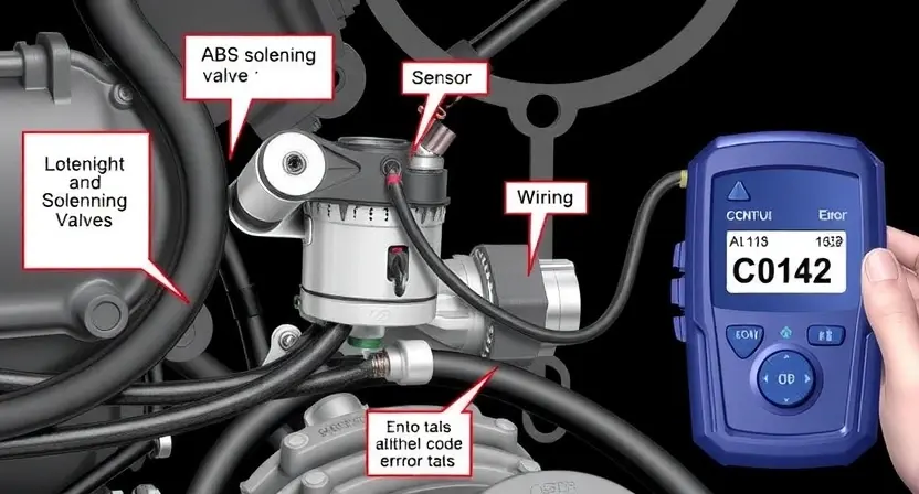 A detailed illustration of an ABS (Anti-lock Braking System) solenoid valve circuit. Show the solenoid valve, wiring harness, sensor, and related components. Highlight the C0142 error code indication on a diagnostic tool. Focus on the mechanical and electrical aspects of the system.