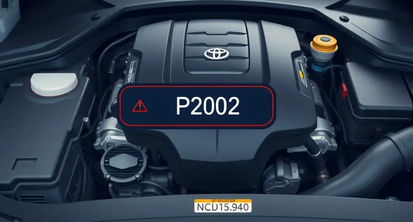 A high-quality technical illustration showing a modern car engine with a highlighted error code P2002 on a diagnostic display, clean background, professional lighting, no text or numbers on the image, no people, no logos, no UI elements, no handwritten notes