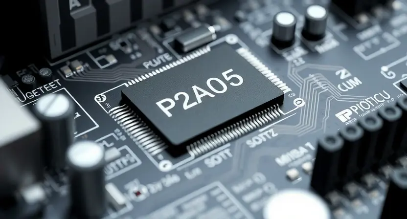 A close-up, detailed illustration of a computer motherboard with a specific component highlighted – a P2A05 chip. The chip should be clearly visible, with surrounding circuitry subtly emphasized. Focus on the technical details of the motherboard and the chip itself.