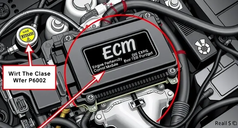 A detailed illustration of an automotive engine control module (ECM) with various sensors and wiring, highlighting the potential cause of a P0602 error. The image should depict a close-up view of the ECM, with visual cues suggesting a malfunction or connection issue.