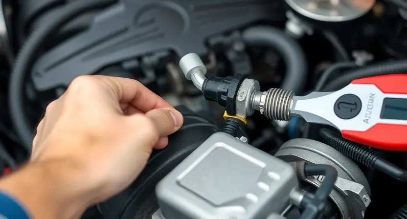 A close-up, detailed image of a car engine bay. Focus on the coolant temperature sensor and its wiring. Show the sensor being inspected, with tools like a wrench or multimeter subtly visible. The engine should be clean and well-maintained. The overall lighting should be bright and professional, highlighting the components.