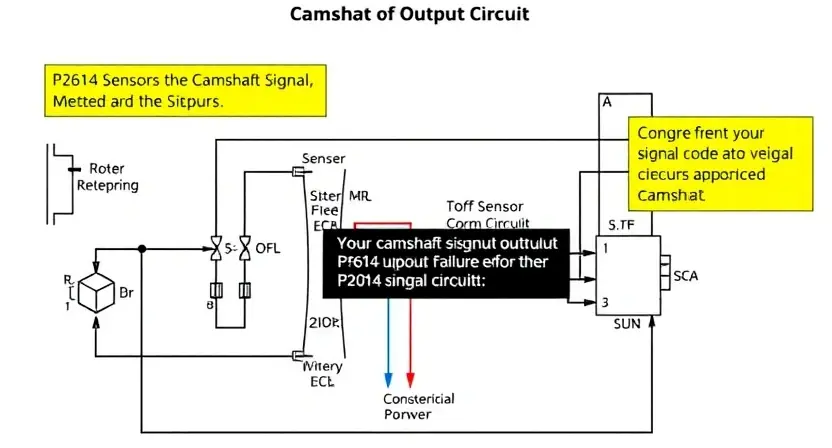 A detailed schematic diagram of a camshaft signal output circuit, highlighting the P2614 error code and potential failure points. Include visual representations of sensors, wiring, and the ECU. The diagram should be clean, well-labeled, and easy to understand.