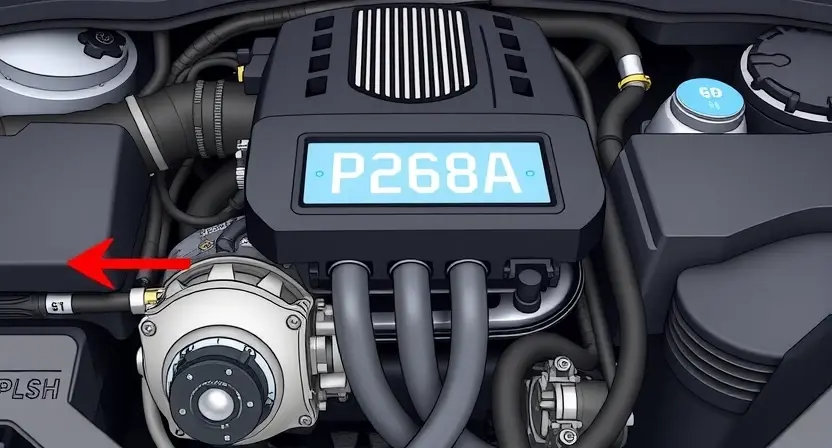 A detailed illustration of a car engine with a highlighted P268A error code indicator. The engine should be realistically rendered, showcasing various components like pistons, valves, and belts. The P268A code should be clearly displayed on a digital dashboard or a dedicated error display within the engine bay.