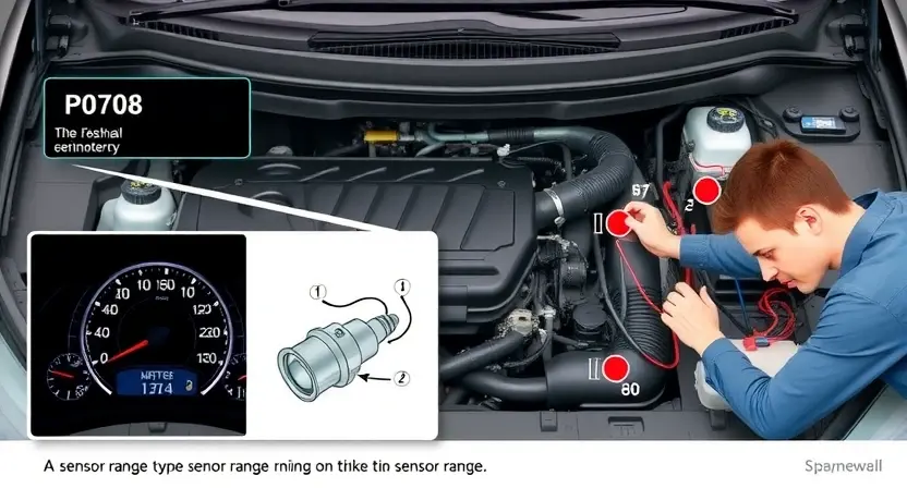 A detailed illustration of an automotive engine bay, focusing on the sensor range issue. Include visual representations of the P0708 error code displayed on a dashboard, along with diagrams of the relevant sensors and wiring. Show a mechanic inspecting the engine components.