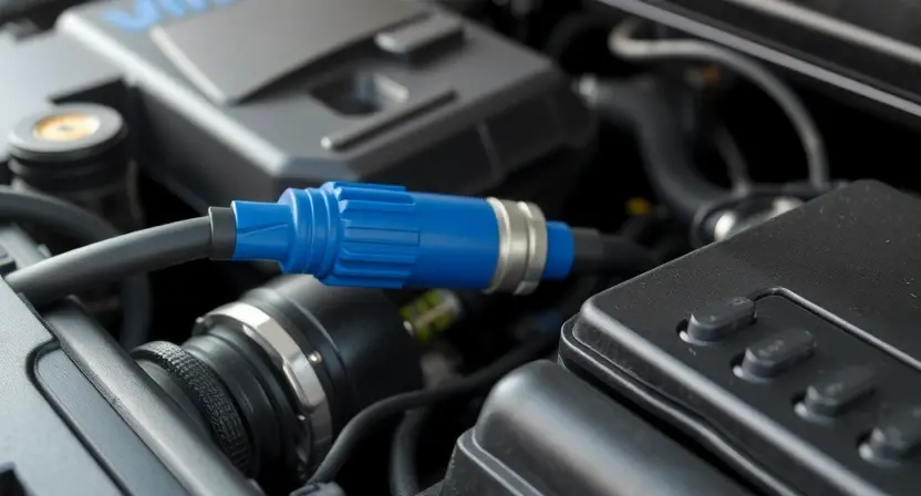 A close-up of a car engine bay with a focus on the blue oxygen sensor. The sensor should be clearly visible, with wiring connected to it. The engine should appear clean and well-maintained. Soft, diffused lighting.