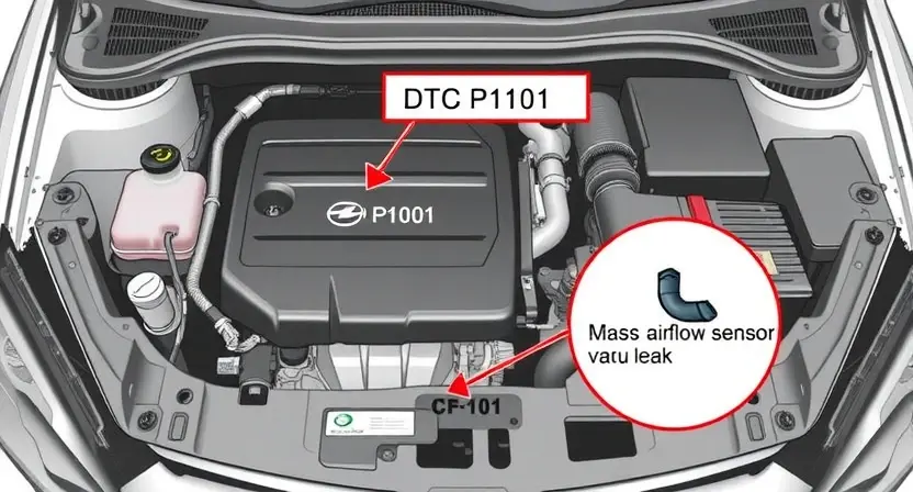 A detailed illustration of an Opel or Chevrolet car engine bay, highlighting the diagnostic trouble code (DTC) P1101. Include visual cues representing the potential causes of the error, such as a faulty mass airflow sensor or vacuum leak. Focus on technical accuracy and clarity.