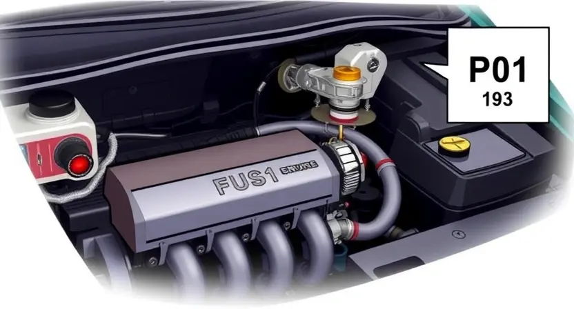 A detailed illustration of a car's engine bay with a check engine light illuminated. Focus on the diagnostic trouble code (P0113) displayed on a dashboard or screen. Include visual cues representing the relevant system (e.g., a fuel rail or injector).