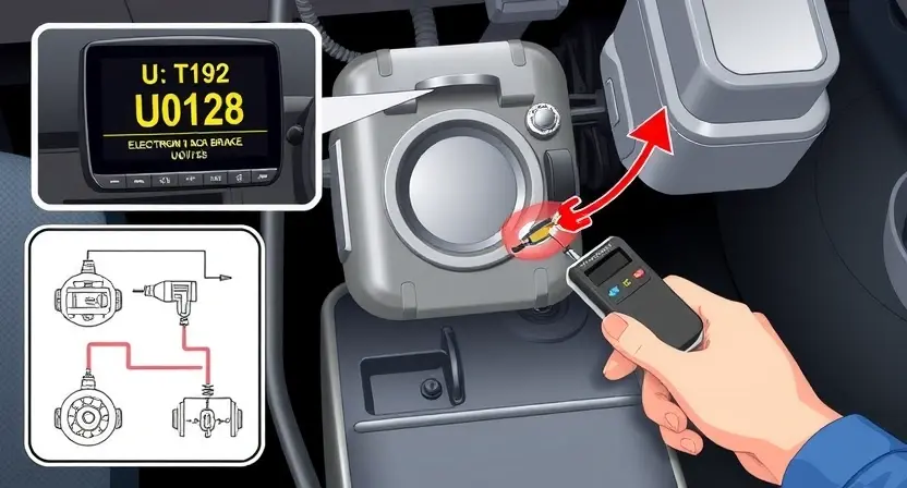 A high-quality technical illustration showing a car's electronic parking brake system with a warning indicator for error code U0128, including a diagnostic scanner displaying the fault, wiring diagrams, and a mechanic's hand holding a diagnostic tool, all rendered in a clear, professional style with accurate automotive components and no text or numbers on the image
