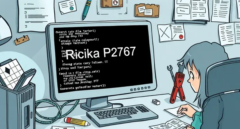 A detailed illustration depicting a computer screen displaying an error message "Ошибка P2767". The screen should show technical details related to the error, such as file paths and system information. Surrounding the screen, visualize a frustrated person looking at the screen, with tools and technical documentation nearby. The overall mood should be one of problem-solving and technical troubleshooting.