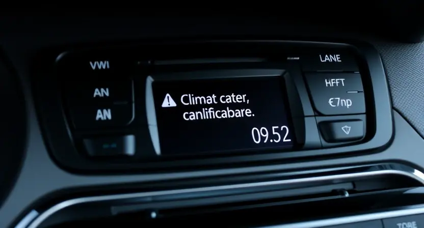 A close-up shot of a car's dashboard, specifically focusing on the climate control display. The display should show a warning message or an error code related to the climate control system. The overall aesthetic should be clean and professional, highlighting the dashboard's details.