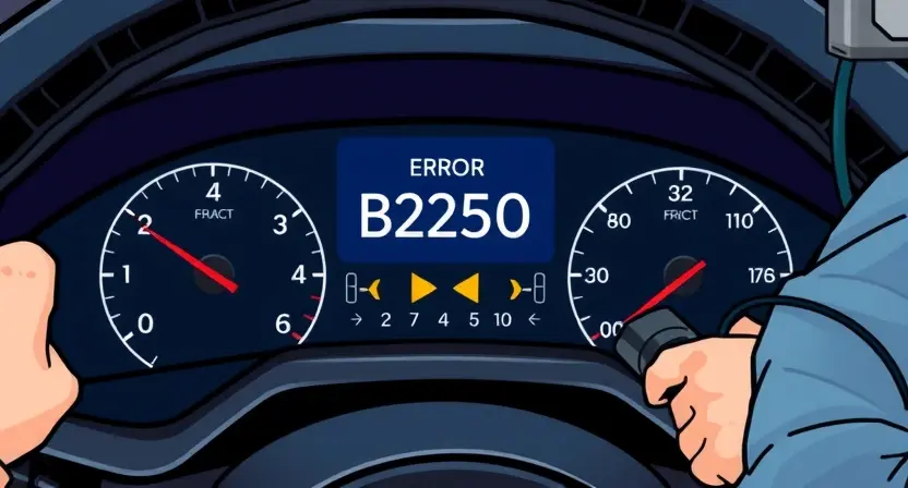 A detailed illustration of a car dashboard with the error code B2250 displayed on the screen. The dashboard should show various warning lights and indicators. The scene should include a mechanic or technician examining the dashboard with diagnostic tools, indicating the process of troubleshooting and resolving the issue.
