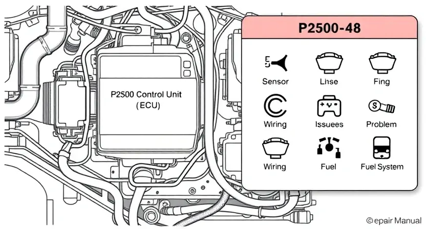 A detailed illustration of an automotive electrical system with a highlighted area representing the engine control unit (ECU). A visual representation of the P2500 error code is displayed near the ECU, along with icons depicting potential causes such as sensor malfunction, wiring issues, or fuel system problems. The overall style should be informative and technical, suitable for a repair manual.