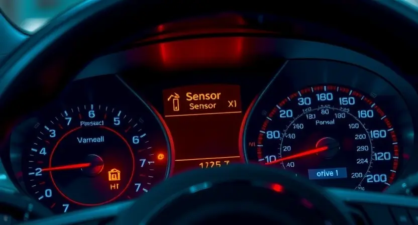 A detailed illustration of a car's dashboard showing a warning light illuminated for a high speed sensor signal. The dashboard should be realistically rendered with visible gauges and instruments. Focus on the warning light and its associated text indicating a sensor issue.