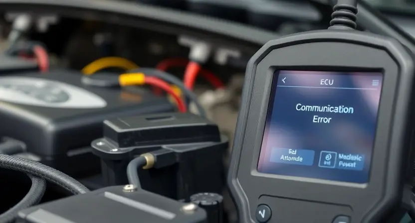A close-up, detailed image of a car's engine control unit (ECU) connected to a diagnostic scan tool. Wires and connectors should be visible, suggesting a connection. The background should be a slightly blurred automotive repair shop environment. Focus on the interface of the scan tool displaying a diagnostic code, subtly hinting at a communication error. The overall lighting should be professional and informative, highlighting the technical aspects.