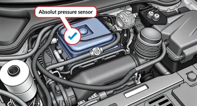 A detailed illustration of a car engine bay with a clear focus on the absolute pressure sensor. The sensor should be highlighted with an arrow pointing to it. Include surrounding engine components like hoses, belts, and the intake manifold, but keep the background clean and uncluttered. The image should convey a sense of technical accuracy and clarity, suitable for an automotive repair manual.