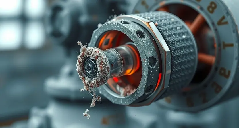 A close-up, detailed illustration of a temperature sensor being affected by dust and debris. The sensor should be realistically rendered, showing the accumulation of particles on its surface. The background should be a blurred representation of an industrial environment. Focus on the sensor's physical form and the visible impact of external factors.