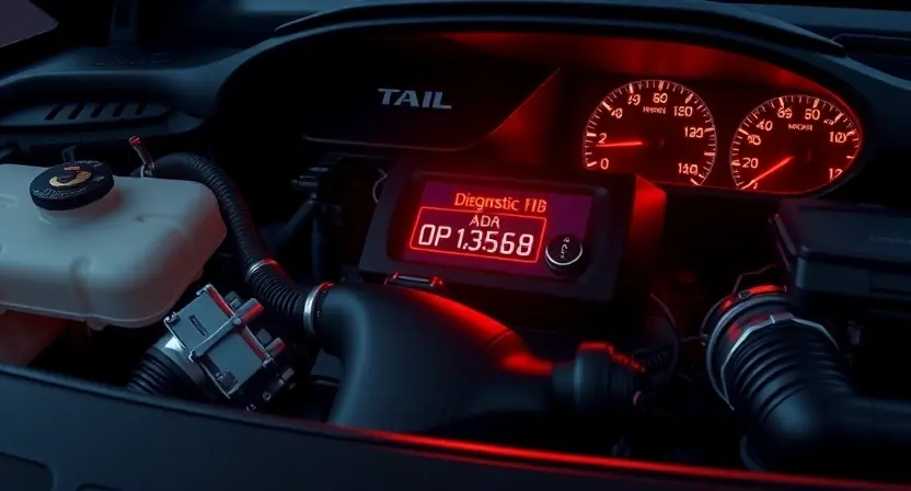 A detailed illustration of a car engine with a diagnostic code light illuminated on the dashboard. Focus on the engine components and the dashboard display.
