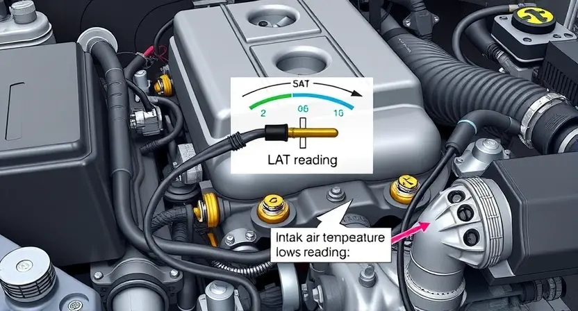 A detailed illustration of an engine bay with a focus on the intake air temperature (IAT) sensor. The sensor should be clearly visible, connected to wiring, and labeled with a diagrammatic representation of its function. Include a visual representation of the signal being read by the engine control unit (ECU), showing a low reading. The background should be a realistic engine bay environment with other engine components subtly visible.
