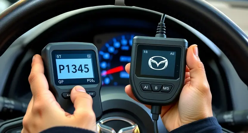 A professional automotive diagnostic scene showing a mechanic's hands holding an OBD2 scanner displaying the code P1345 on a Mazda vehicle dashboard, with clear digital readout visible, clean workshop background, technical accuracy, no text overlays or letters on image