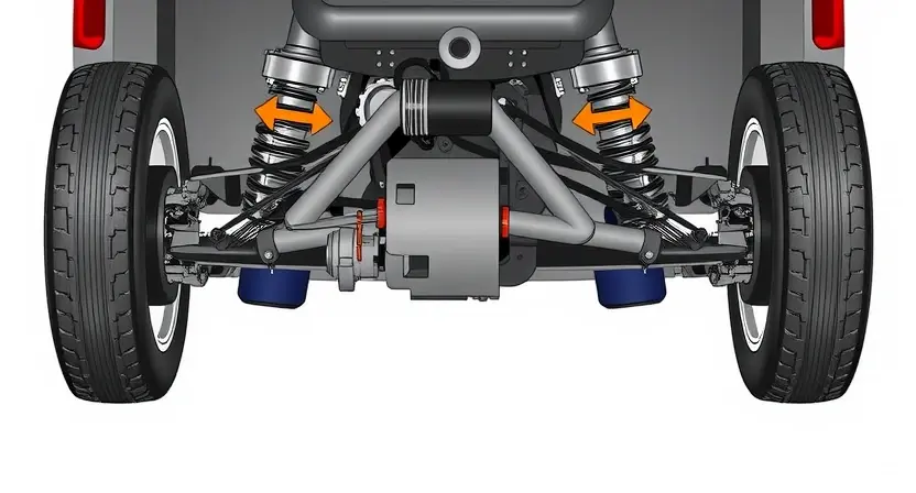 A detailed illustration of a car's suspension system, focusing on the longitudinal acceleration sensor. The sensor should be clearly visible, connected to the chassis and suspension components. Show the sensor's physical form and its mounting position. Include arrows indicating the direction of longitudinal acceleration. The background should be a clean, neutral color to emphasize the sensor and its surroundings.