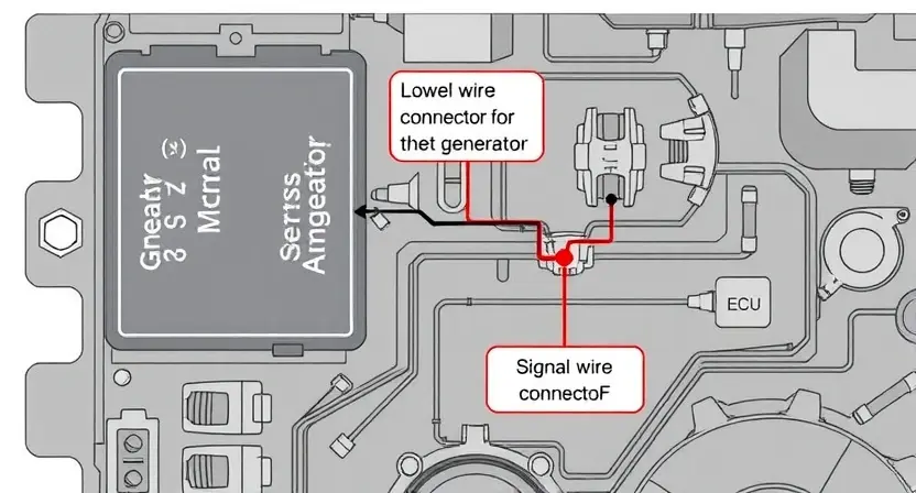 A detailed schematic diagram of an engine control unit (ECU) with a focus on the signal wire connector (F) for the generator. The diagram should clearly show the wiring, components, and potential causes of a low signal. Include labels for key components like the generator, ECU, and signal wire. The image should be highly detailed and accurate to a technical illustration.