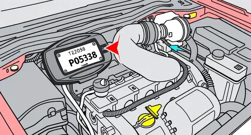 A detailed illustration of a car's engine bay with a diagnostic code reader displaying "P0538". The engine should be partially visible, showcasing various components like hoses, belts, and sensors. Focus on clarity and technical accuracy.