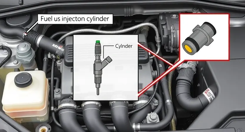 A detailed illustration of an engine bay with a focus on the fuel injector circuit for cylinder 7. Show a diagram highlighting the injector, wiring harness, and sensor. Include visual cues indicating a potential fault, such as a slightly disconnected wire or a partially obscured injector.