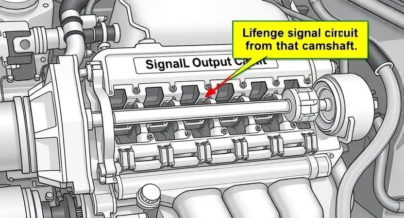 A detailed illustration of an engine's valve train, highlighting the camshaft and its associated components. Focus on the area where the signal output circuit for the camshaft is located. Include visual cues indicating a potential fault or malfunction in the circuit.