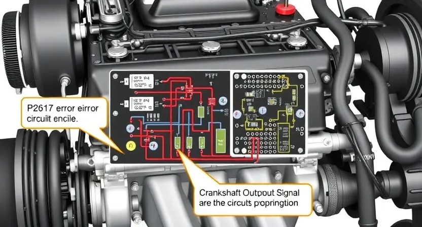A detailed illustration of an engine block with a highlighted circuit board representing the crankshaft output signal circuit. Focus on the components and wiring related to the P2617 error. The image should clearly show the potential points of failure in the circuit.