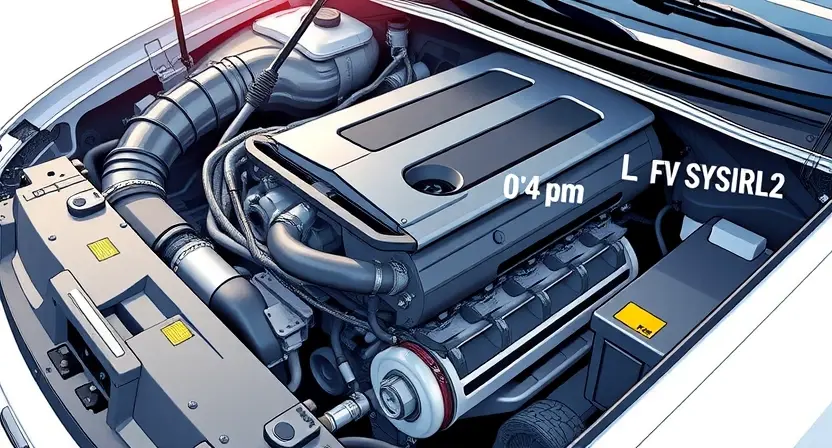 A detailed illustration of a car engine bay, focusing on the fuel system components. Include a fuel sensor, fuel lines, and a visual representation of a fluctuating signal indicating a low fuel sensor reading. The engine should be partially visible, showcasing other components like the intake manifold and exhaust system. The overall lighting should be bright and realistic, highlighting the details of the engine components.