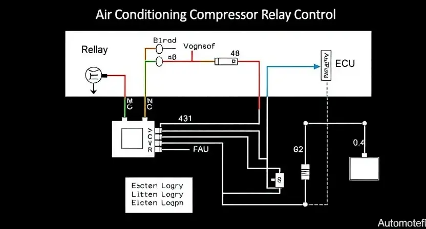 A detailed schematic diagram of an automotive air conditioning compressor relay control circuit. The diagram should clearly show the components (relay, wiring, sensors, ECU) and their connections. Focus on clarity and accuracy in representing the electrical connections.