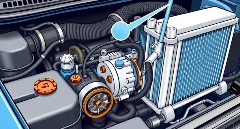 A detailed illustration of a car's cooling system, focusing on the electric water pump. Show the pump, hoses, radiator, and engine block. Highlight potential points of failure like leaks or damaged components. Use realistic lighting and textures.