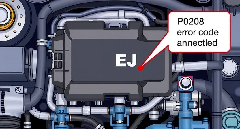 A detailed illustration of an engine control unit (ECU) with a highlighted P0208 error code indicator. The ECU should be surrounded by various engine components like intake manifold, fuel injectors, and sensors. Focus on the wiring harness connecting the injectors to the ECU, emphasizing the potential for a damaged or loose connection. The image should convey a sense of technical precision and diagnostic analysis.